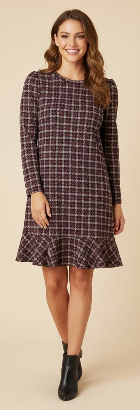 Anne Klein Women XL Red/ Gold Houndstooth Flare Hem Puff Sleeve Fall Dress